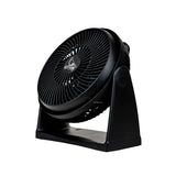 Ventilateur de sol Cyclone noir à grille ronde, monté sur son support en U inclinable