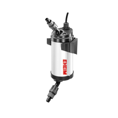 Stérilisateur UV-C EHEIM reeflexUV vu de trois quarts, avec son support et ses embouts