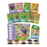 Box of 10 packets of organic herbal tea plant seeds, including lavender, lemon balm and sage
