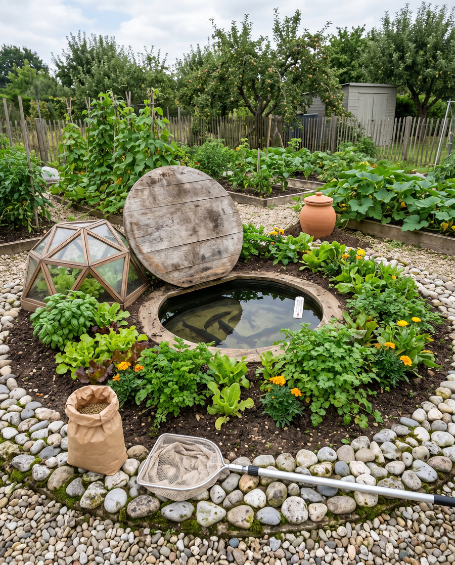 Kit d'aquaponie enterré avec truites, au milieu du potager