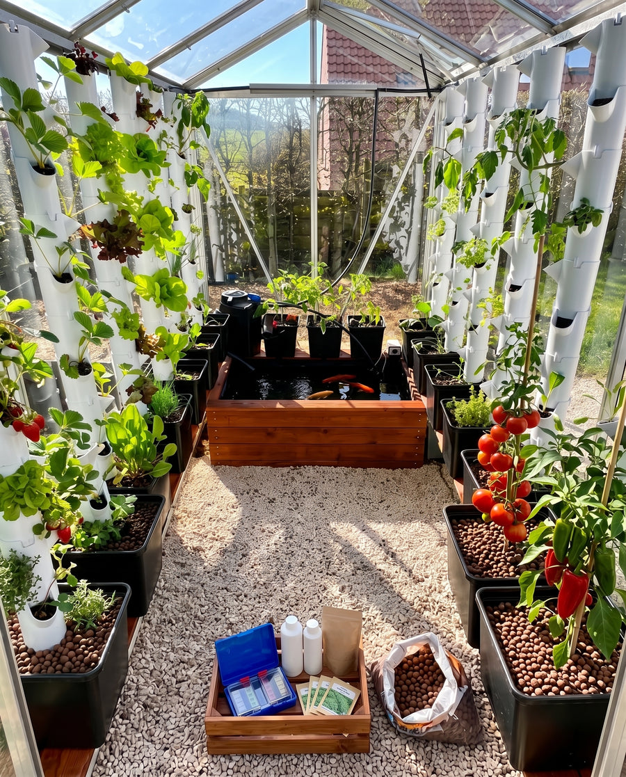 Serre en verre avec tours de culture aquaponiques, bacs de tomates et poissons rouges