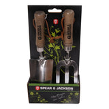 Mini-transplantoir et mini-fourche Spear & Jackson Héritage en inox à manches bois, présentés sur leur carton