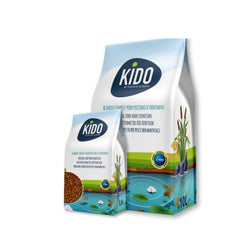 De twee zakken Kido-korrels, 3,5 L en 10 L, naast elkaar op een witte achtergrond