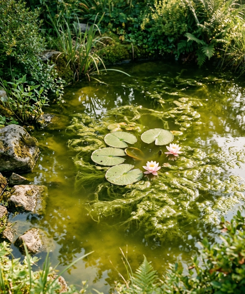 Développement d'algues dans un bassin en été