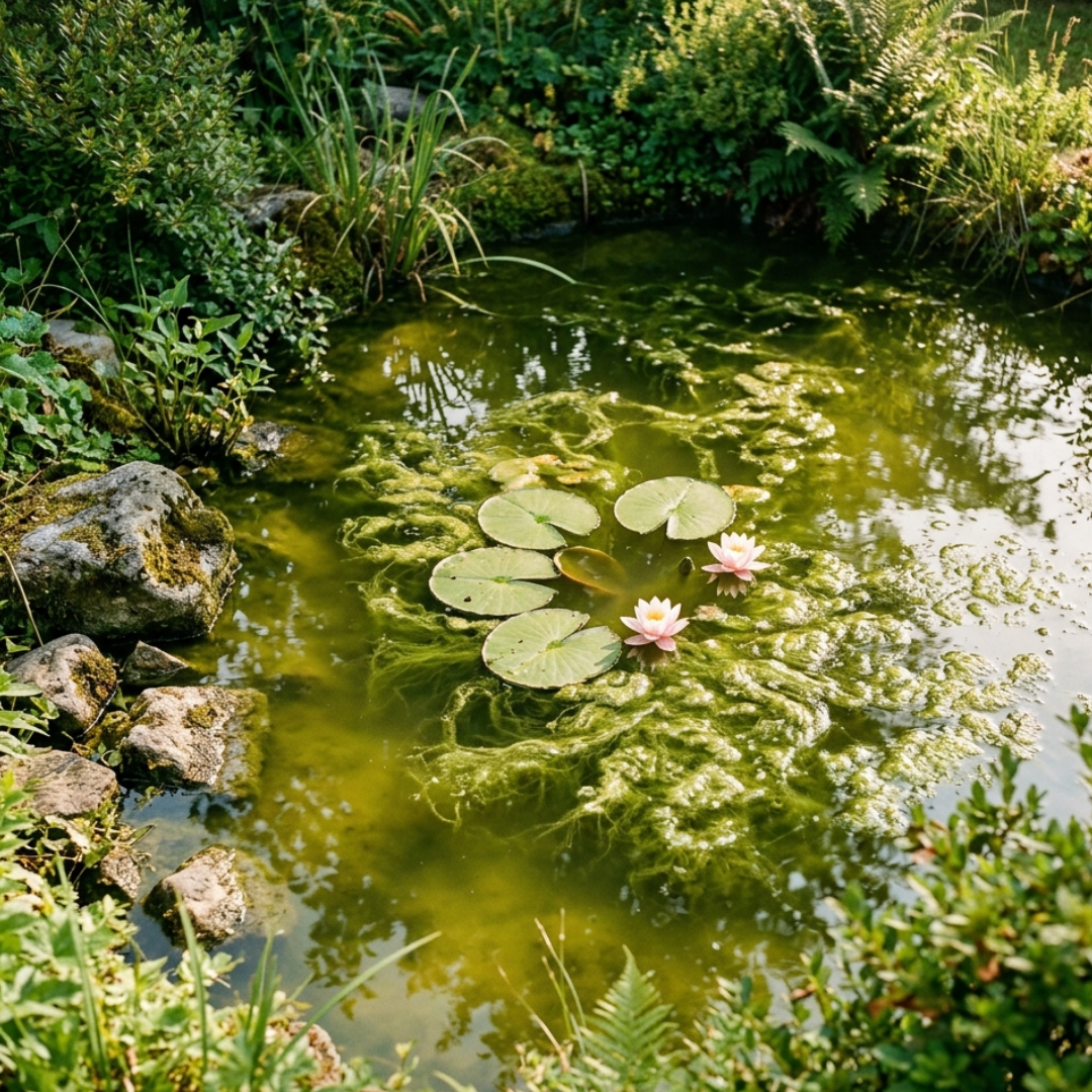 Développement d'algues dans un bassin en été