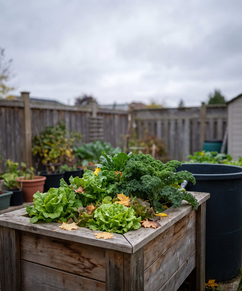 Système aquaponique de jardin en automne avec feuilles mortes sur le lit de culture