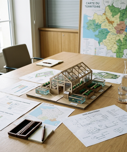 Projet aquaponique de collectivité territoriale en étude dans une salle de mairie avec plans, maquette et documents PAT