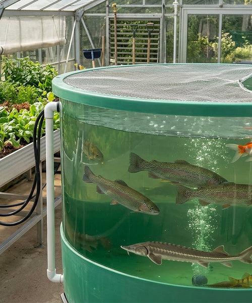 Truites, perches, esturgeon et poissons rouges dans la cuve vitrée d'un système d'aquaponie sous serre