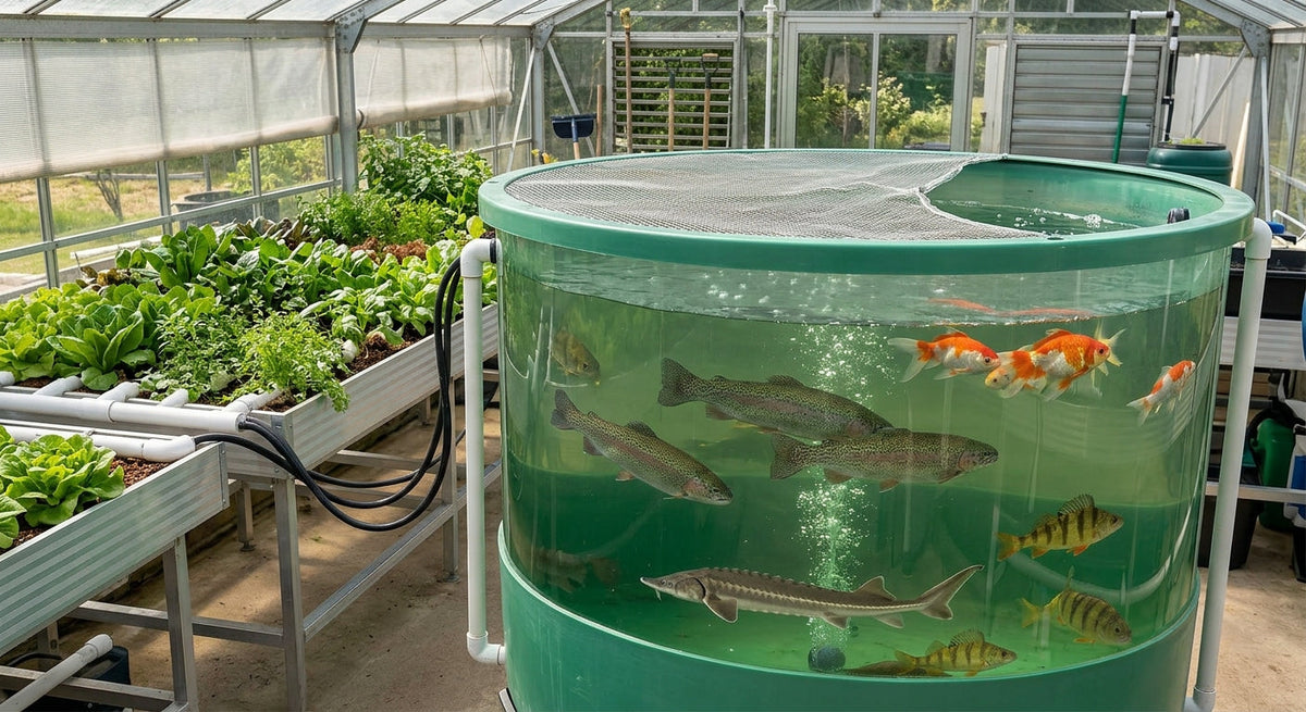 Truites, perches, esturgeon et poissons rouges dans la cuve vitrée d'un système d'aquaponie sous serre