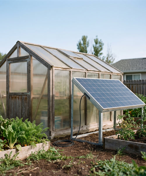 Panneau solaire installé à côté d une serre de jardin pour alimenter un système aquaponique