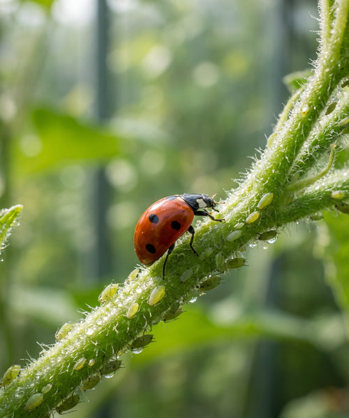 Coccinelle adulte dévorant une colonie de pucerons sur une tige, lutte biologique intégrée en aquaponie