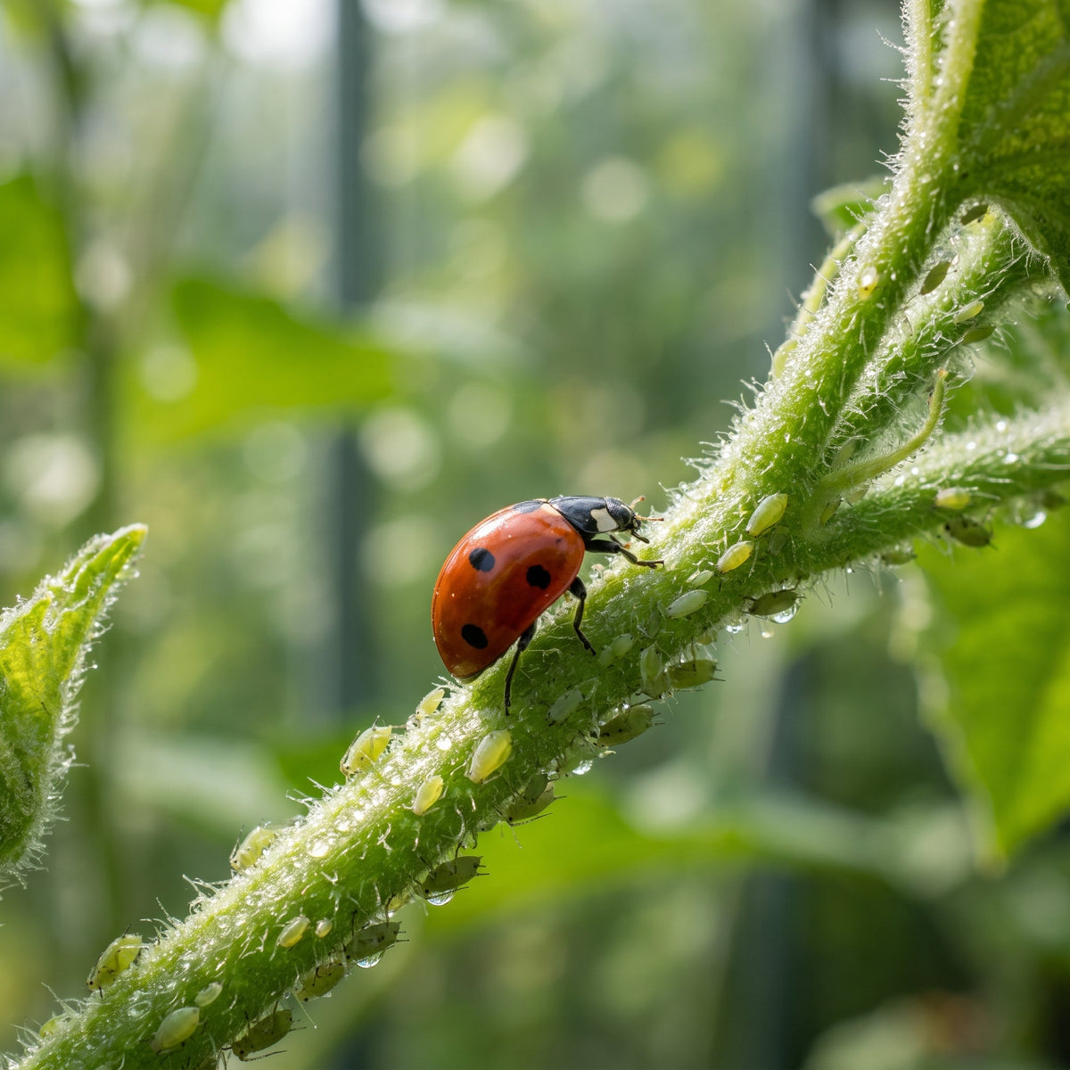 Coccinelle adulte dévorant une colonie de pucerons sur une tige, lutte biologique intégrée en aquaponie