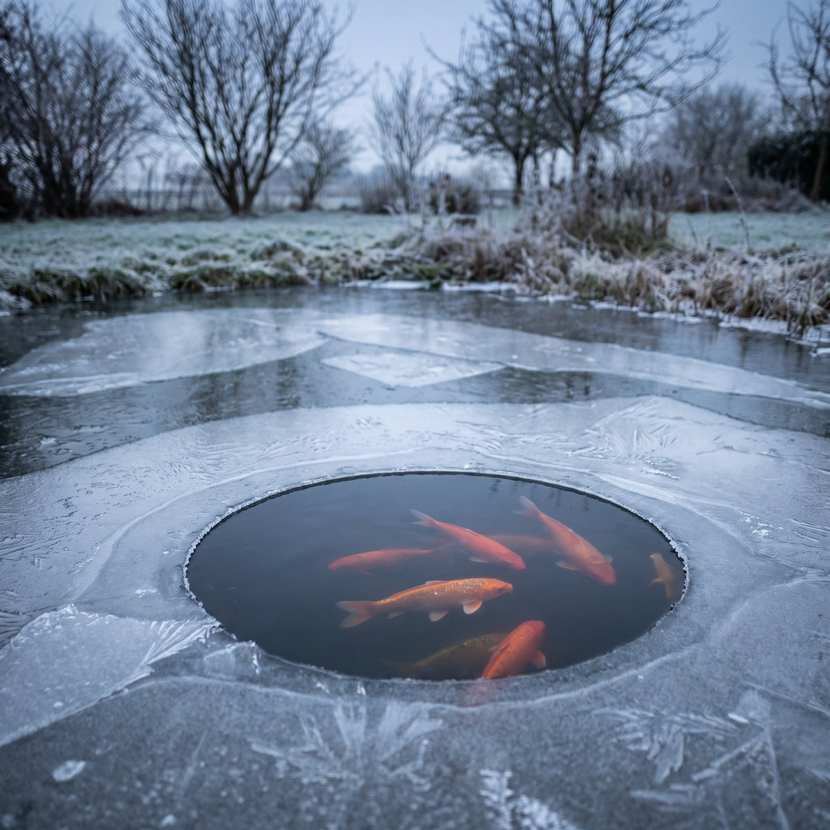 Bassin de jardin en hiver avec un trou maintenu ouvert dans la glace