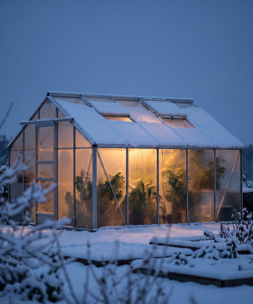 Serre d'aquaponie chauffée et éclairée sous la neige en hiver