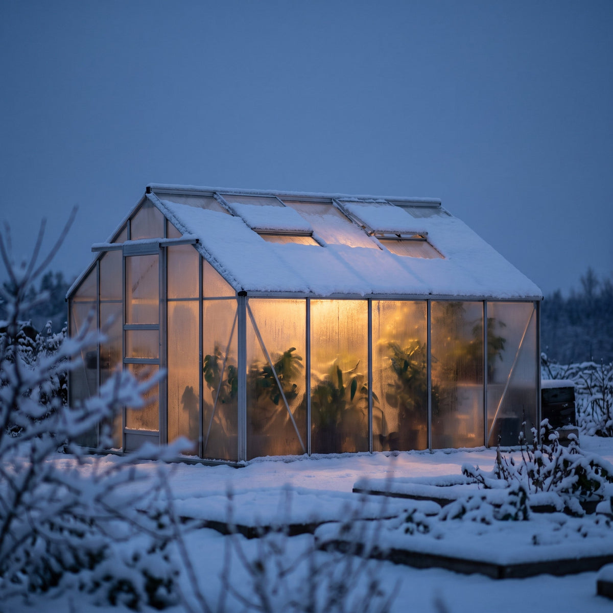 Serre d'aquaponie chauffée et éclairée sous la neige en hiver
