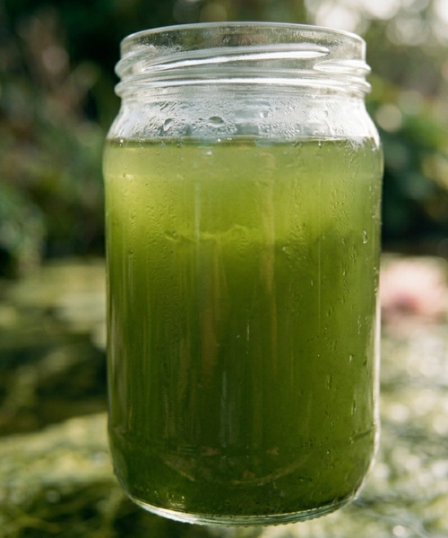 Bassin de jardin avec eau verte due à la prolifération du phytoplancton en suspension