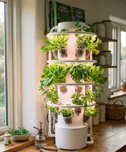 Tour hydroponique d'intérieur en cuisine moderne avec salades, basilic et menthe sous éclairage LED rosé