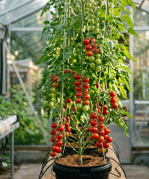 Grappes de tomates cerises mûres sur un plant cultivé en hydroponie en pleine saison estivale