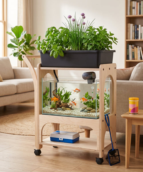 Aquarium aquaponique Aquapouss'Mini dans un salon, basilic, ciboulette et menthe dans le bac de culture, poissons dans la cuve