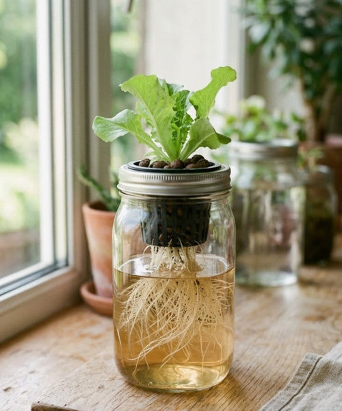 Bocal en verre avec laitue verte cultivée selon la méthode Kratky en hydroponie passive