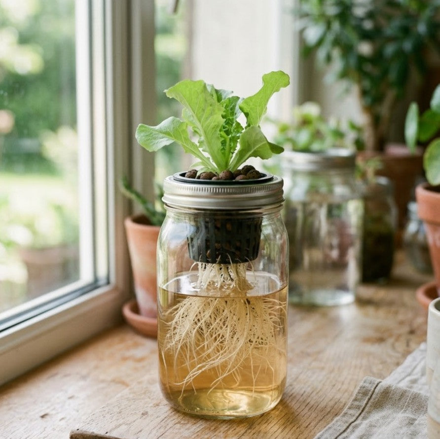 Bocal en verre avec laitue verte cultivée selon la méthode Kratky en hydroponie passive