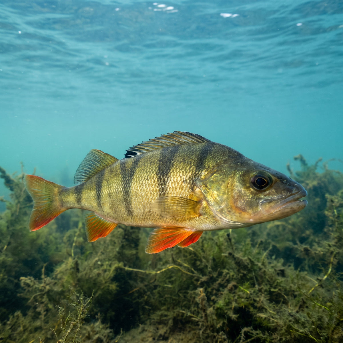 Perche commune Perca fluviatilis nageant en eau claire, élevage en aquaponie