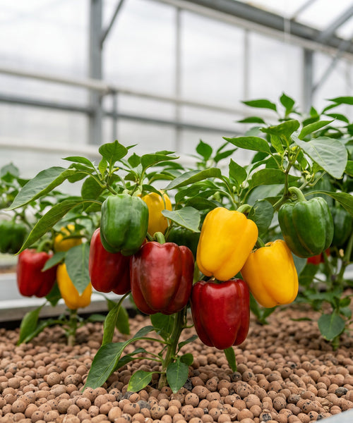 Poivrons rouges et jaunes mûrs sur un plant en aquaponie sur billes d'argile