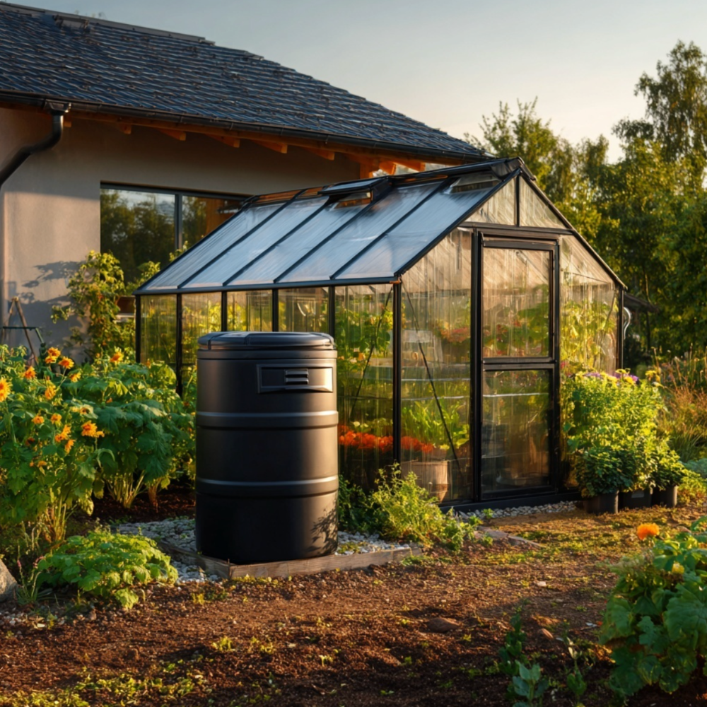 Serre d'aquaponie installée en extérieur dans un jardin