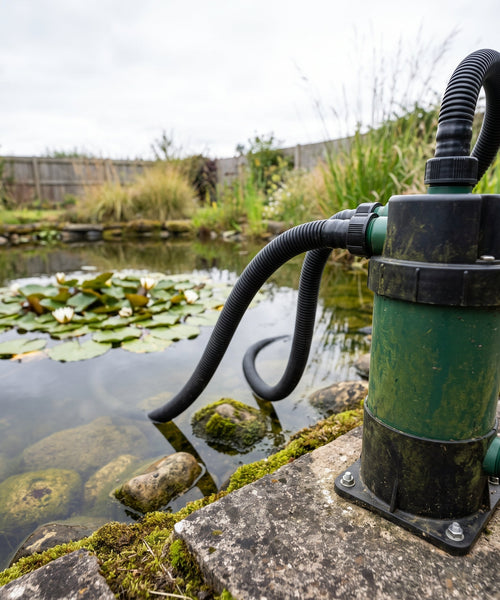 Bloc de filtration et stérilisateur UV installés au bord d'un bassin de jardin