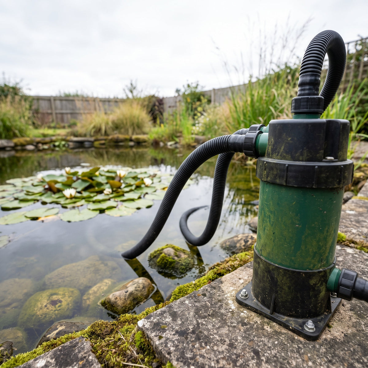 Bloc de filtration et stérilisateur UV installés au bord d'un bassin de jardin