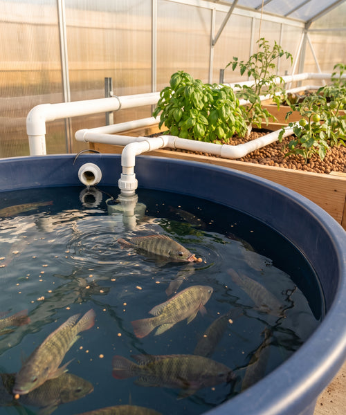 Tilapias dans un bac rond d'aquaponie sous serre, avec bacs de culture en billes d'argile plantés de basilic et de tomates