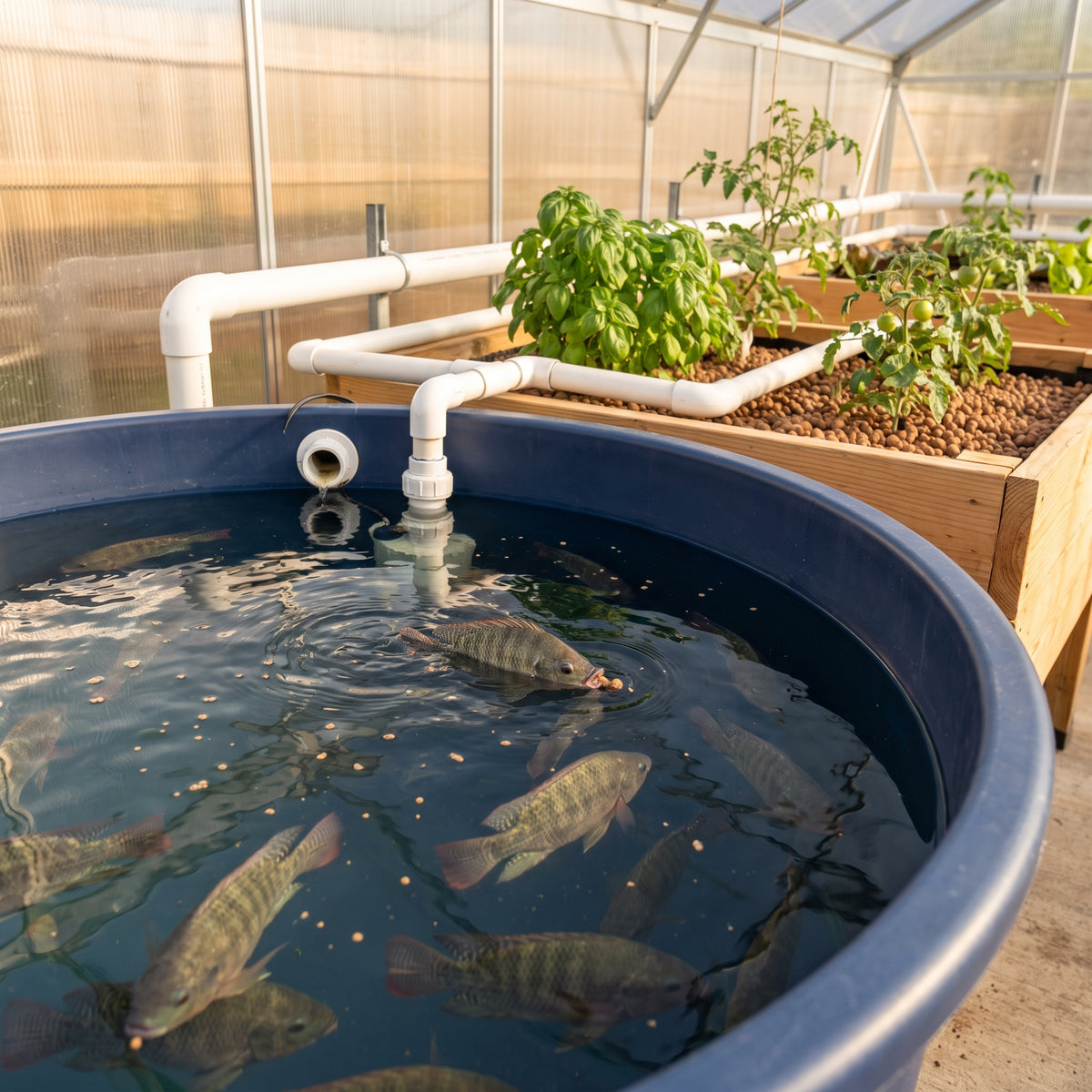 Tilapias dans un bac rond d'aquaponie sous serre, avec bacs de culture en billes d'argile plantés de basilic et de tomates