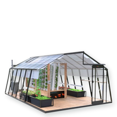 Serre de jardin vitrée équipée de bacs de culture