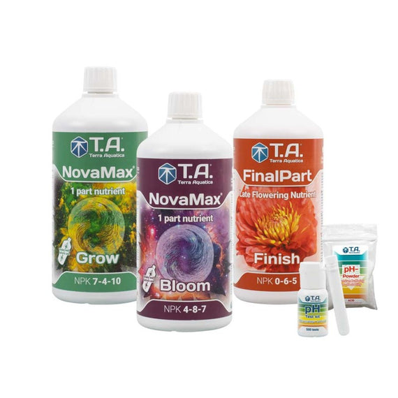 Pack NovaMax : flacons Grow, Bloom et FinalPart de 1 L, test de pH et sachet de pH- en poudre