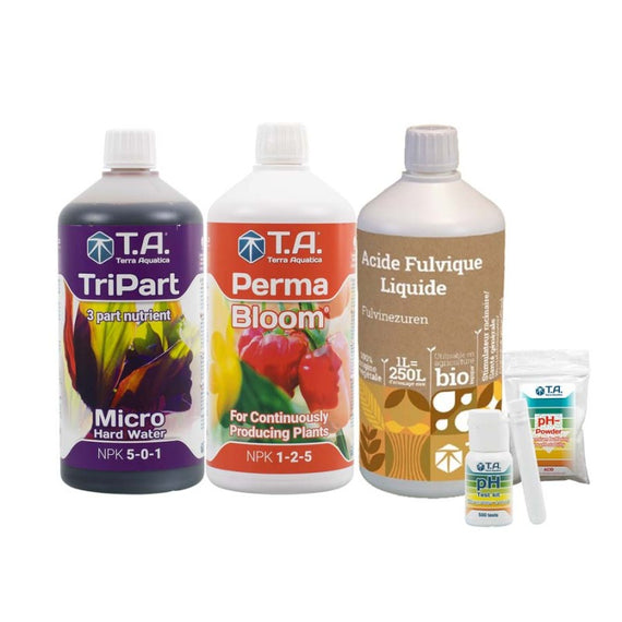 Pack PermaBloom : flacons de TriPart Micro eau dure, PermaBloom et acide fulvique, test de pH et pH- en poudre