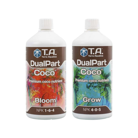 Flacons de 1 L d'engrais coco de floraison NPK 1-6-4 et de croissance NPK 4-0-5 côte à côte