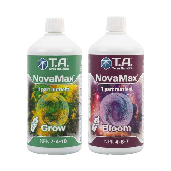 Flacons de 1 L de NovaMax Grow NPK 7-4-10 et NovaMax Bloom NPK 4-8-7 côte à côte