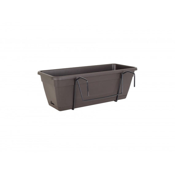 Kit balcon Venezia 50 cm, jardinière anthracite à réserve d'eau posée dans son support à crochets