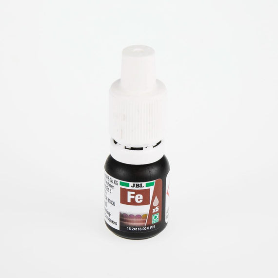 Bottle of JBL ProAquaTest iron Fe reagent supplied in the refill, photographed on its own on a white background