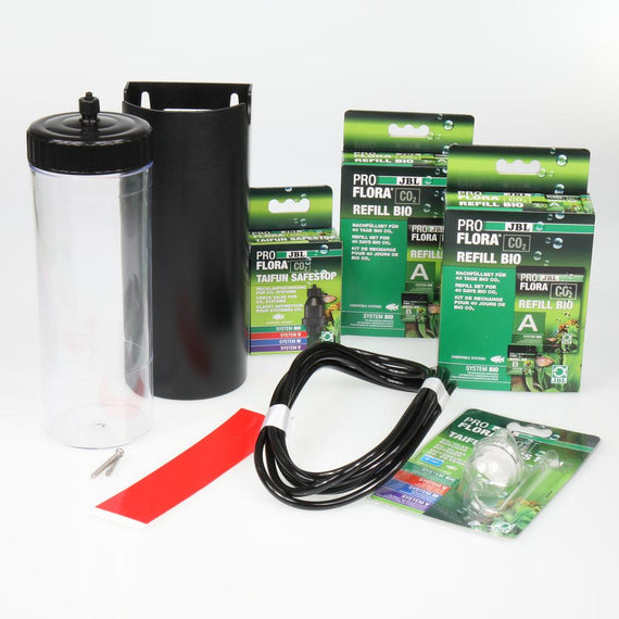 Contents of the JBL ProFlora CO2 Advanced set: fermentation bottle and stand, Refill Bio refills, Taifun Safestop check valve, pipe and diffuser