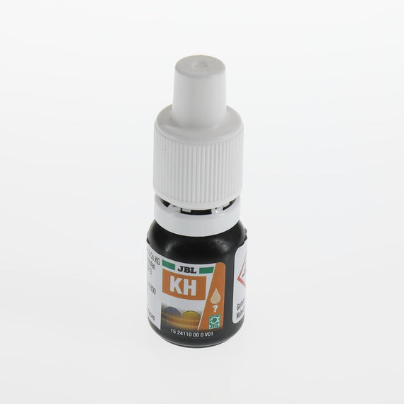 Bottle of JBL ProAquaTest KH carbonate hardness reagent supplied in the refill, photographed on its own on a white background