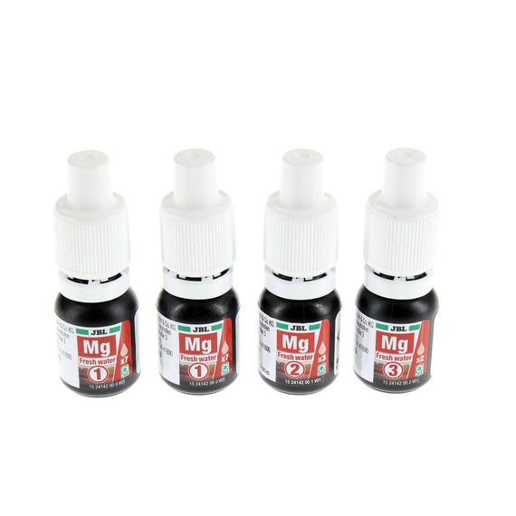 The three bottles of JBL ProAquaTest magnesium Mg freshwater reagents supplied in the refill, on a white background