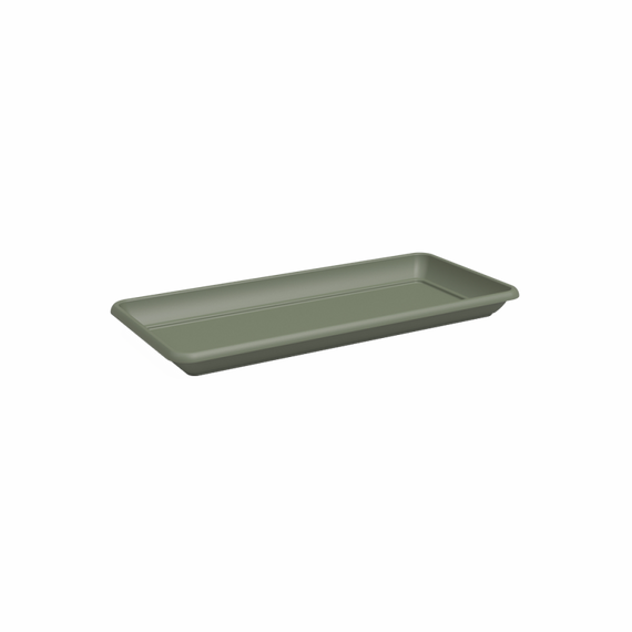Soucoupe rectangulaire Venezia vert cendre pour jardinière de 50 cm, vue de trois quarts