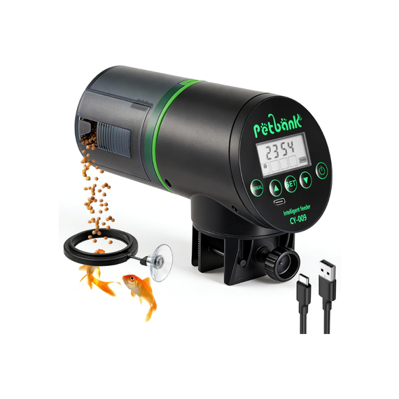 Distributeur Petbank installé sur aquarium – fixation discrète sur le rebord de la cuve
