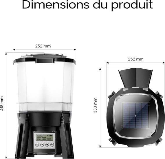 Distributeur automatique 6 L installé au-dessus du bassin – nourrissage programmé des carpes koï
