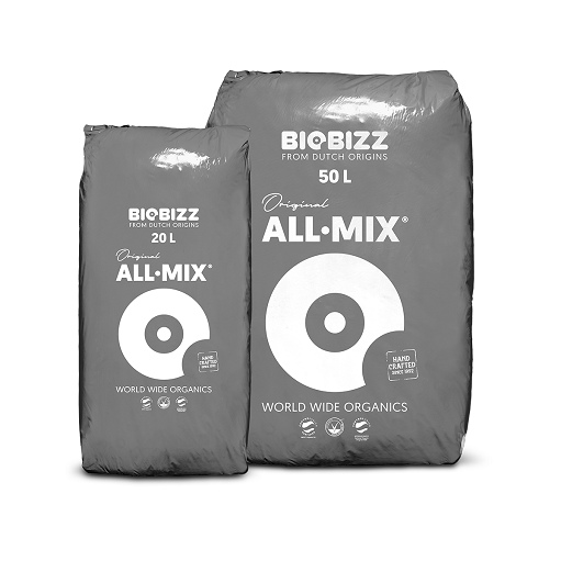 Sacs gris de terreau All-Mix BioBizz de 20 et 50 L côte à côte, logo blanc en forme de disque