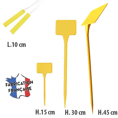 Schéma des étiquettes jaunes en T de 15, 30 et 45 cm de haut, à côté d'une étiquette à clipser de 10 cm et d'un logo fabrication française