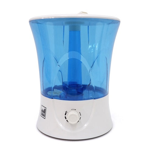 Humidificateur Pure Factory 8 L, grand réservoir bleu transparent sur un socle blanc à molette de réglage