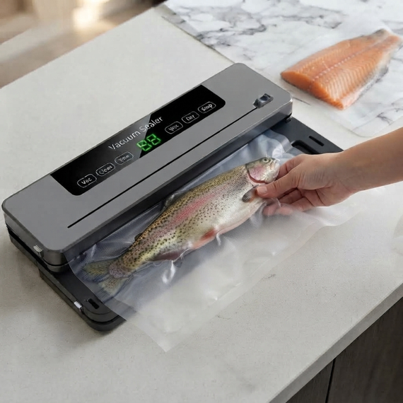 Truite entière glissée dans un sac gaufré sous le couvercle de la machine sous vide, filet de saumon en arrière-plan
