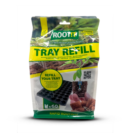 Sachet refermable de 60 bouchons de bouturage ROOT!T sans tourbe, emballage vert et jaune